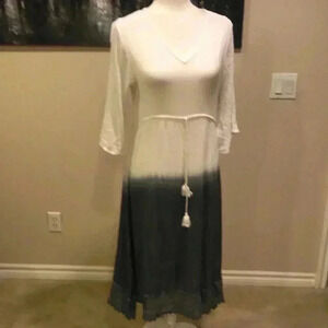 Cute Options Peasant Boho Crochet Midi Dress Crinkle Ivory Blue/Grey-Size L
